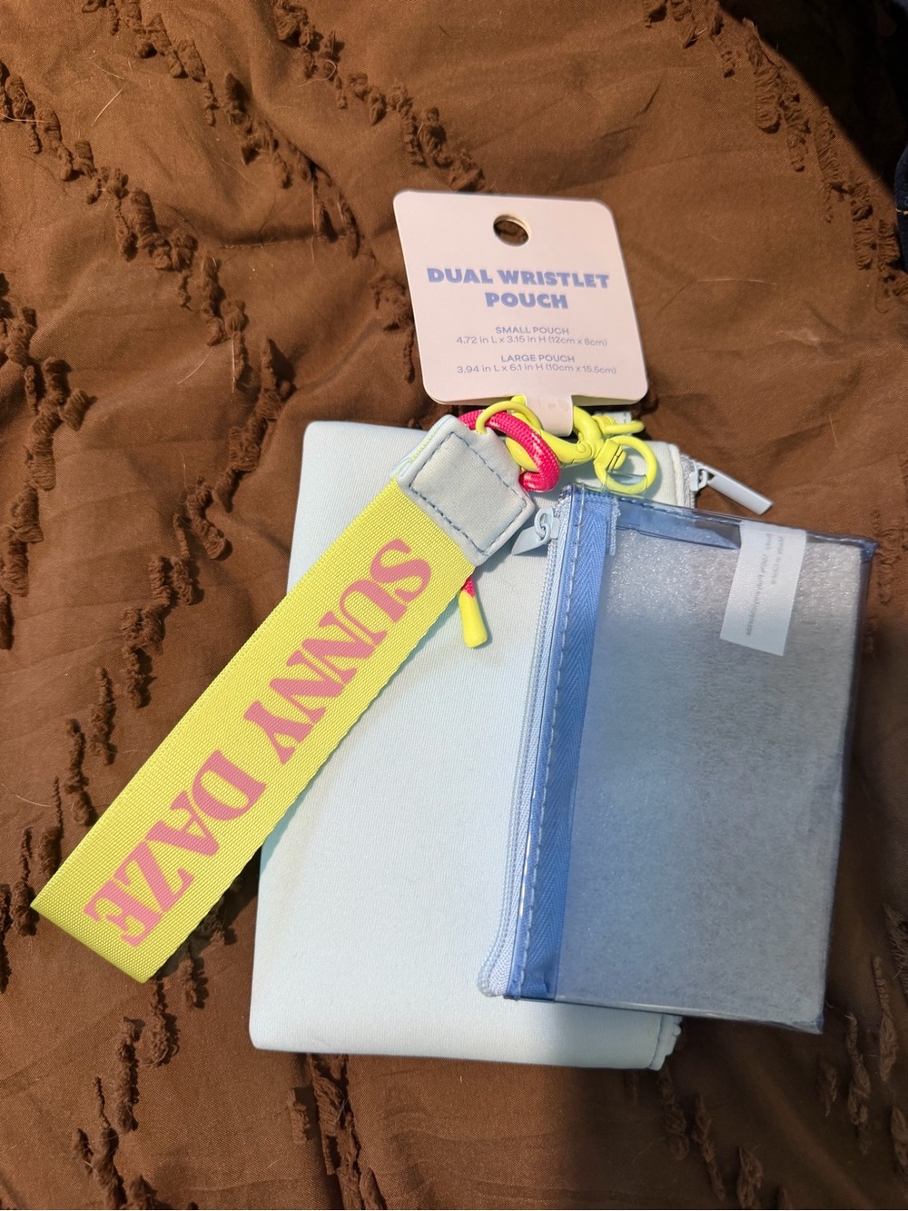 Dual Wristlet Pouch in Light Blue with Yellow Strap